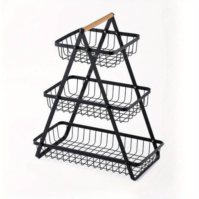 Настільний триярусний кошик - фруктівниця з дерев'яною ручкою Triple Fruit Basket · Розбірний металевий кошик для фруктів