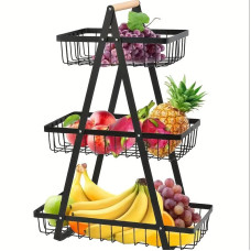Настільний триярусний кошик - фруктівниця з дерев'яною ручкою Triple Fruit Basket · Розбірний металевий кошик для фруктів