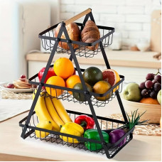 Настільний триярусний кошик - фруктівниця з дерев'яною ручкою Triple Fruit Basket · Розбірний металевий кошик для фруктів