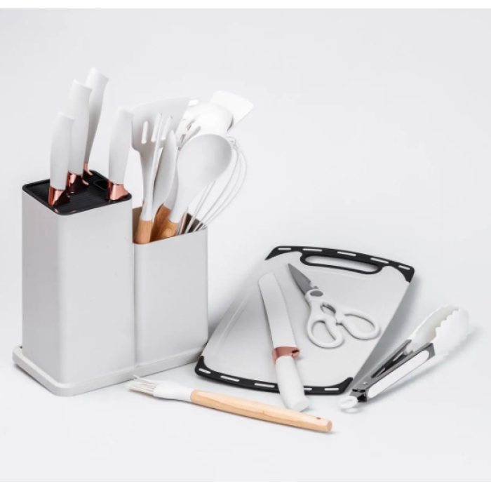 Кухонний набір ножів та аксесуарів Kitchenware Set, 20 предметів ∙ Інструменти для кухні з підставкою та обробною дошкою