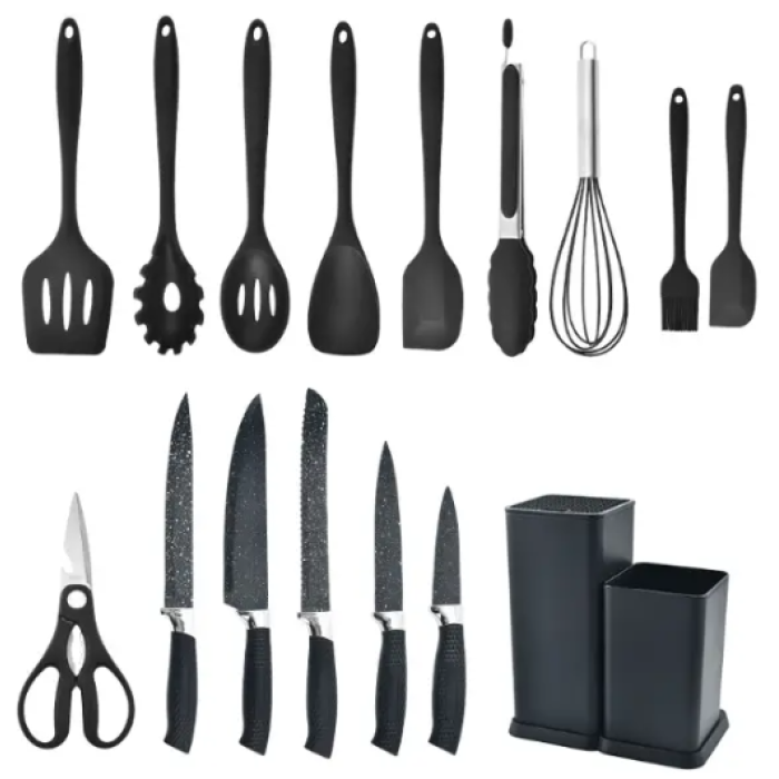 Кухонний набір ножів та аксесуарів Kitchenware Set, 20 предметів ∙ Інструменти для кухні з підставкою та обробною дошкою