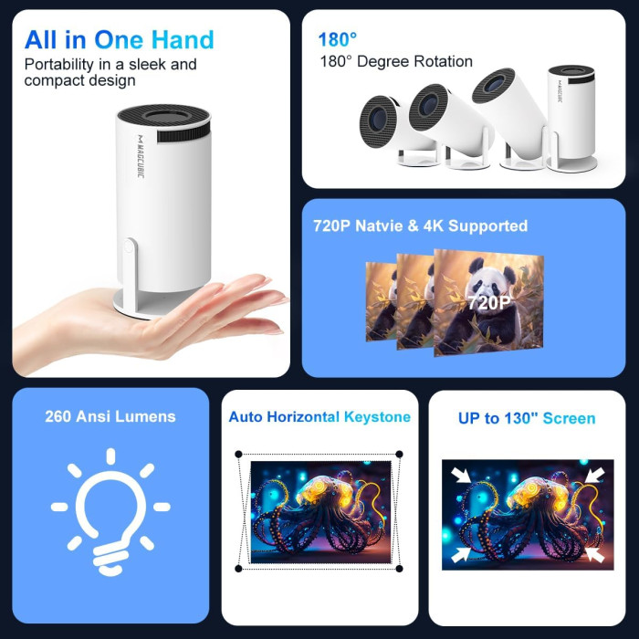 Смарт-проєктор HY300 PRO з Android TV 11.0, підтримкою 4K, WiFi 6 та Bluetooth 5.0 • Портативний проєктор з автофокусом, поворотом на 180° та функцією домашнього кінотеатру