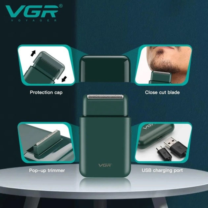 Акумуляторна міні електробритва для чоловіків VGR V 390 Green • Професійний шейвер з тримером для сухого та вологого гоління