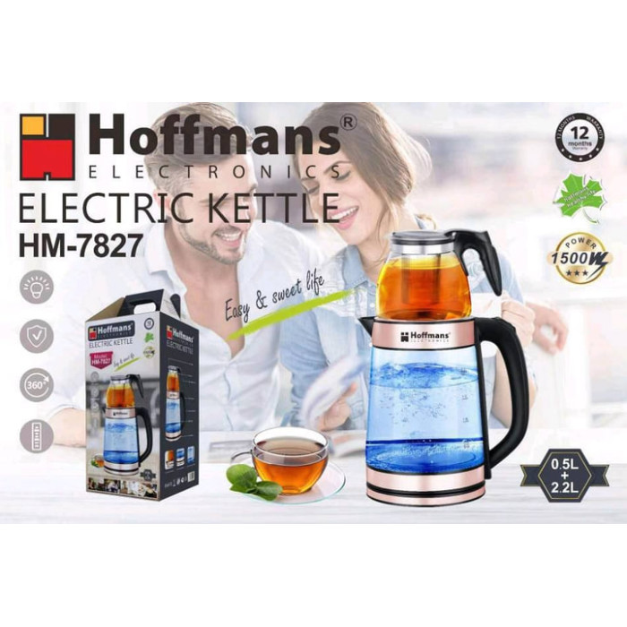 Електрочайник Hoffmans HM-7827 1800W • Скляний чайник із заварником 2,2 л + 0,5 л для швидких напоїв