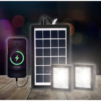 Портативна сонячна система EP-05 6V3W з літієвою батареєю, двома LED лампами та можливістю підзарядки телефону ∙ Лампа-прожектор EP-05 із сонячною панеллю 6V3W