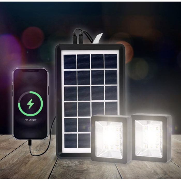 Портативна сонячна система EP-05 6V3W з літієвою батареєю, двома LED лампами та можливістю підзарядки телефону ∙ Лампа-прожектор EP-05 із сонячною панеллю 6V3W