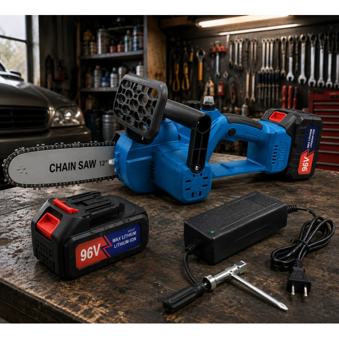 Акумуляторна ланцюгова пилка DOMOTEC Chain Saw 12″ 96V • Садова пилка DOMOTEC Chain Saw 12″ 96V із шиною 300 мм і 2 акумуляторами