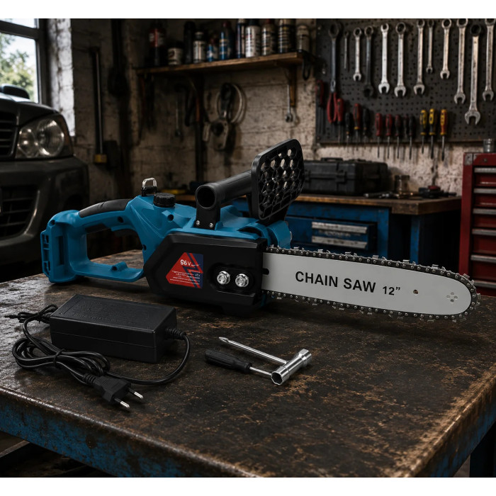 Акумуляторна ланцюгова пилка DOMOTEC Chain Saw 12″/16″ 96V • Садова акумуляторна пилка DOMOTEC Chain Saw 12″/16″ 96V з 2 шинами 305/406 мм і 2 акумуляторами