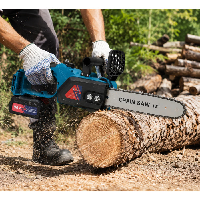 Акумуляторна ланцюгова пилка DOMOTEC Chain Saw 12″/16″ 96V • Садова акумуляторна пилка DOMOTEC Chain Saw 12″/16″ 96V з 2 шинами 305/406 мм і 2 акумуляторами