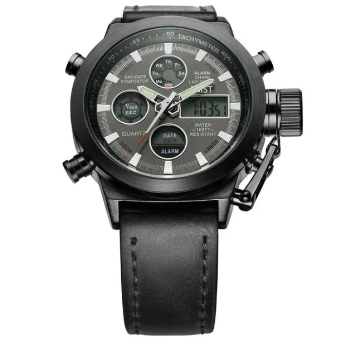 Чоловічі наручні годинники AMST Watch чорний, Стильні кварцові годинники на руку в чорному кольорі