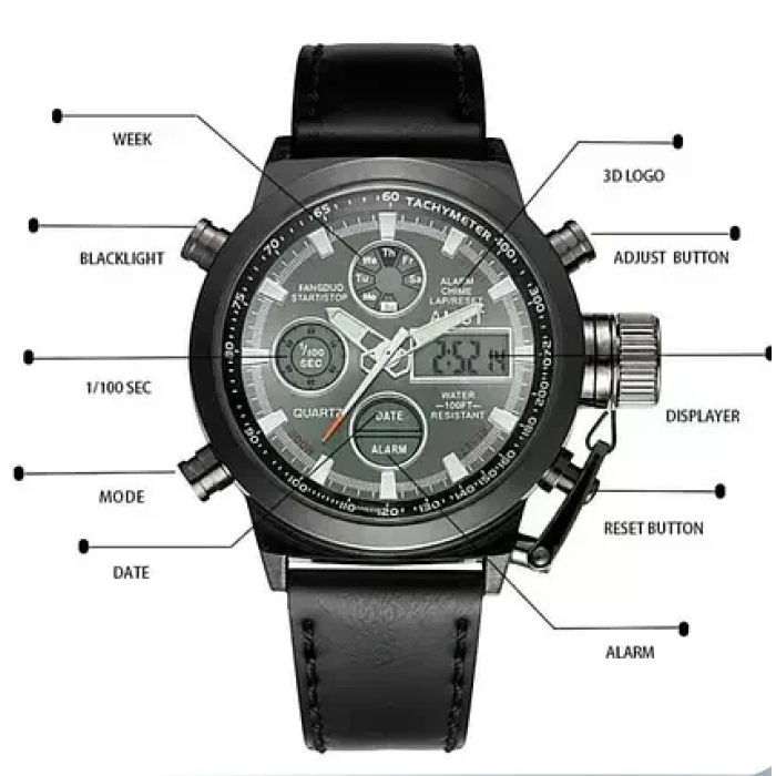 Чоловічі наручні годинники AMST Watch чорний, Стильні кварцові годинники на руку в чорному кольорі