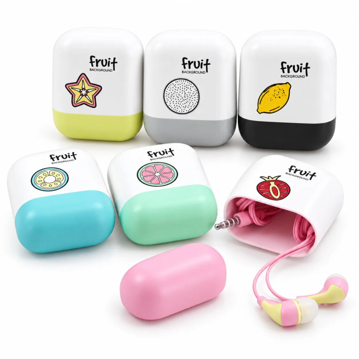 Дротові навушники Keeka Fruit MC-125 • Вакуумна гарнітура Keeka Fruit MC-125 з мікрофоном, mini-Jack 3,5 мм і кейсом, асорті 6 видів