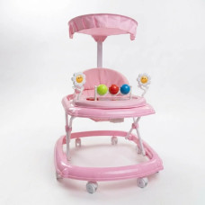 Дитячі ходунки 26X-53 рожеві з козирком та ігровою панеллю • Ходунки для малюків 26X-53 з батьківською ручкою для перших кроків та ігор