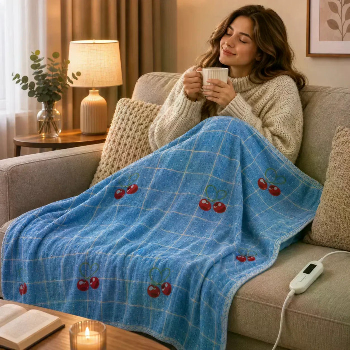 Електропростирадло Electric Blanket 150×170 см з 2 режимами підігріву, клітинка з вишнями • Електричне простирадло Electric Blanket 220 В з терморегулятором для ліжка