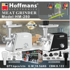 Електрична м’ясорубка Hoffmans HM-280 2000 Вт • Шнекова м’ясорубка з реверсом, 3 решітками та насадкою для ковбас