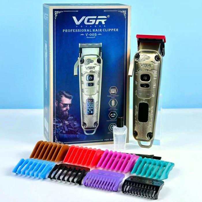 Машинка для стрижки VGR V-005 • Акумуляторна машинка для волосся та бороди VGR V-005 з LED-дисплеєм, 4 швидкостями та 8 насадками