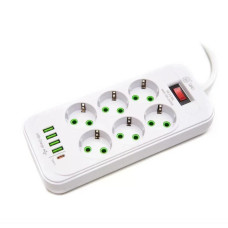 Мережевий подовжувач-фільтр PNS-03/D6 білий 3 м з LED-індикатором, 4 USB і PD Type-C • Розгалужувач живлення 6–220V для дому, офісу та заряджання гаджетів
