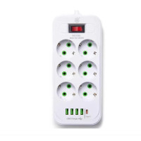 Мережевий подовжувач-фільтр PNS-03/D6 білий 3 м з LED-індикатором, 4 USB і PD Type-C • Розгалужувач живлення 6–220V для дому, офісу та заряджання гаджетів