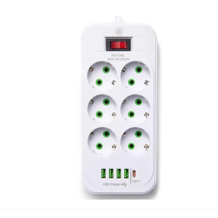 Мережевий подовжувач-фільтр PNS-03/D6 білий 3 м з LED-індикатором, 4 USB і PD Type-C • Розгалужувач живлення 6–220V для дому, офісу та заряджання гаджетів