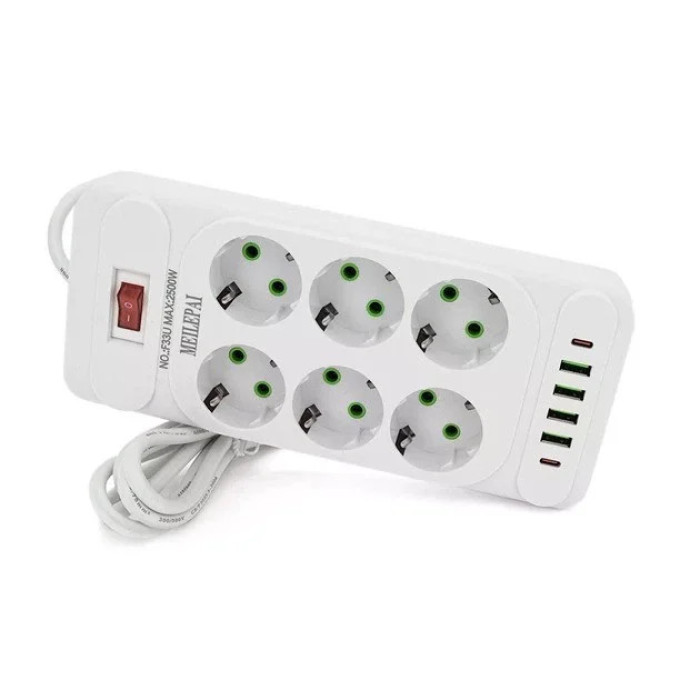 Мережевий подовжувач-фільтр PNS-03/D6 білий 3 м з LED-індикатором, 4 USB і PD Type-C • Розгалужувач живлення 6–220V для дому, офісу та заряджання гаджетів