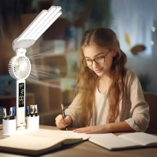 Настільна LED-лампа KRX-1011 з вентилятором, годинником і підставкою • Акумуляторний світильник із дисплеєм, сенсорним керуванням і 3 режимами світла для роботи, навчання та дому