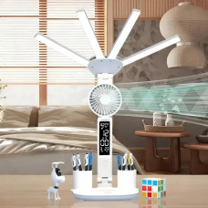 Настільна LED-лампа KRX-1011 з вентилятором, годинником і підставкою • Акумуляторний світильник із дисплеєм, сенсорним керуванням і 3 режимами світла для роботи, навчання та дому