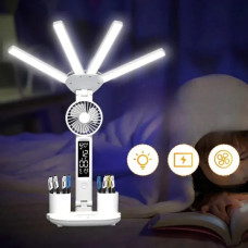 Настільна LED-лампа KRX-1011 з вентилятором, годинником і підставкою • Акумуляторний світильник із дисплеєм, сенсорним керуванням і 3 режимами світла для роботи, навчання та дому
