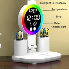 Настільна LED лампа KRX-104 з RGB-підсвіткою, вентилятором, годинником і підставкою • Акумуляторний настільний світильник 4-в-1 із сенсорним керуванням, 4 плафонами та дисплеєм для роботи, навчання і дому