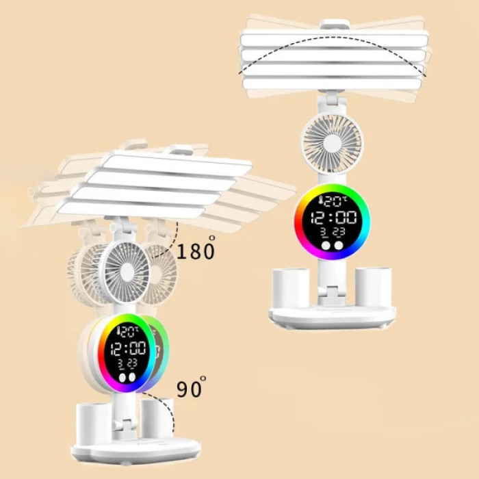 Настільна LED лампа KRX-104 з RGB-підсвіткою, вентилятором, годинником і підставкою • Акумуляторний настільний світильник 4-в-1 із сенсорним керуванням, 4 плафонами та дисплеєм для роботи, навчання і дому