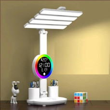 Настільна LED лампа KRX-104 з RGB-підсвіткою, вентилятором, годинником і підставкою • Акумуляторний настільний світильник 4-в-1 із сенсорним керуванням, 4 плафонами та дисплеєм для роботи, навчання і дому