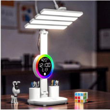 Настільна LED лампа KRX-104 з RGB-підсвіткою, вентилятором, годинником і підставкою • Акумуляторний настільний світильник 4-в-1 із сенсорним керуванням, 4 плафонами та дисплеєм для роботи, навчання і дому