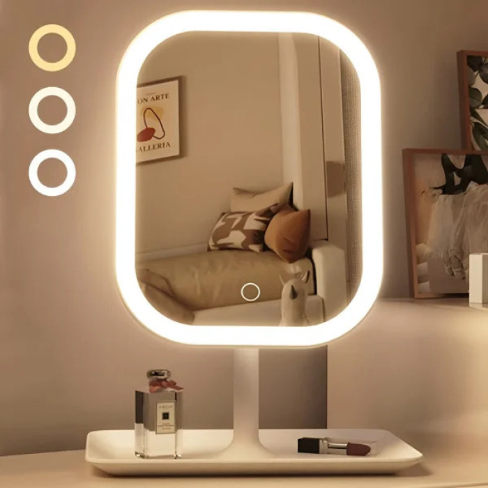 Настільне дзеркало для макіяжу KAR192 з LED-підсвіткою біле • Акумуляторне косметичне дзеркало KAR192 із сенсорним керуванням, 3 режимами світла та органайзером