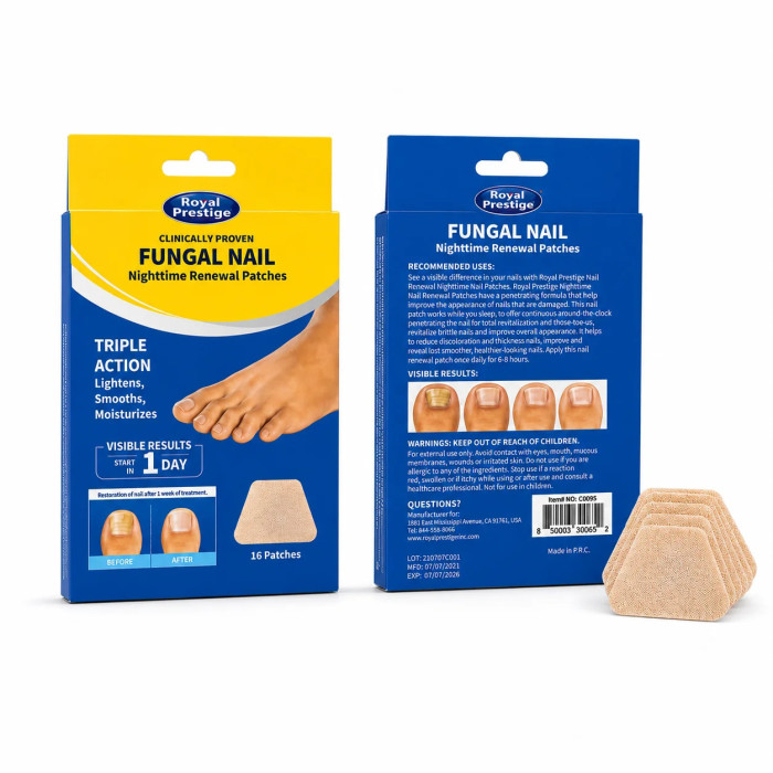 Пластирі від грибка нігтів Royal Prestige Fungal Nail 16 шт для нічного догляду • Протигрибкові пластирі Royal Prestige Fungal Nail з толнафтатом 1% для нігтів ніг