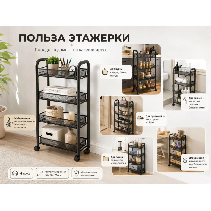 Полиця-етажерка на коліщатках 4 яруси 36×20×76 см • Металевий пересувний стелаж-органайзер для кухні ванної передпокою та зберігання речей