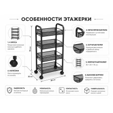 Полиця-етажерка на коліщатках 4 яруси 36×20×76 см • Металевий пересувний стелаж-органайзер для кухні ванної передпокою та зберігання речей