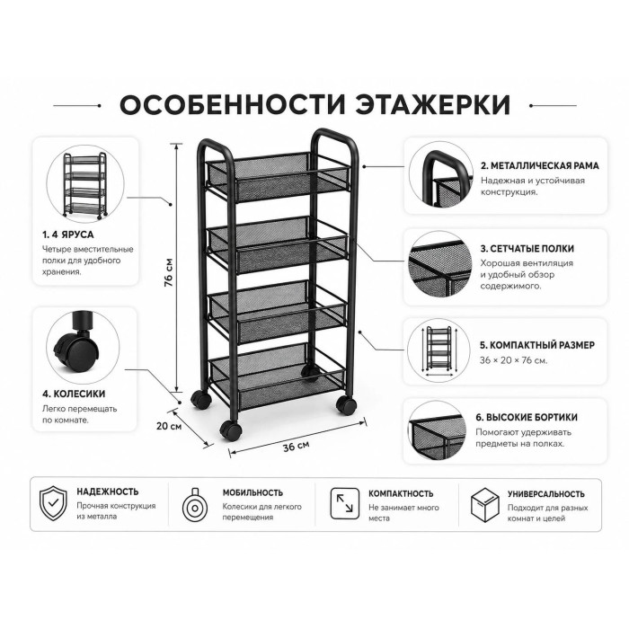 Полиця-етажерка на коліщатках 4 яруси 36×20×76 см • Металевий пересувний стелаж-органайзер для кухні ванної передпокою та зберігання речей