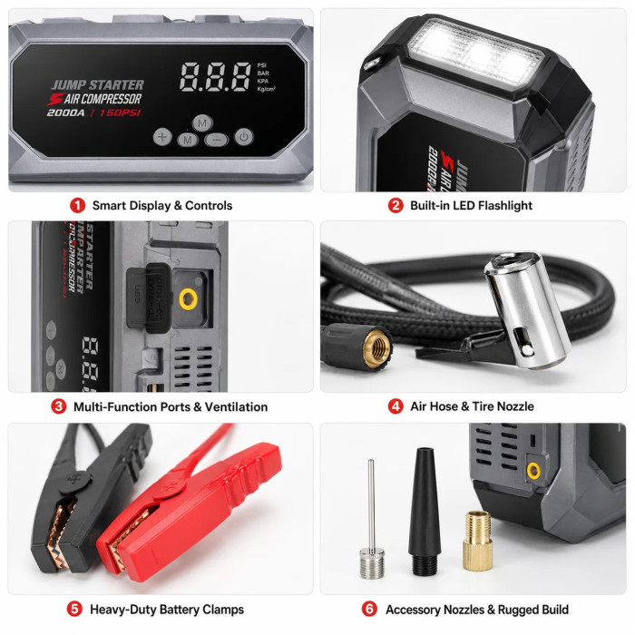 Пускозарядний пристрій K3 12000 мА·год • Автомобільний Jump Starter 12V з компресором 150 PSI, піковим струмом 600A, Power Bank і LED-ліхтарем