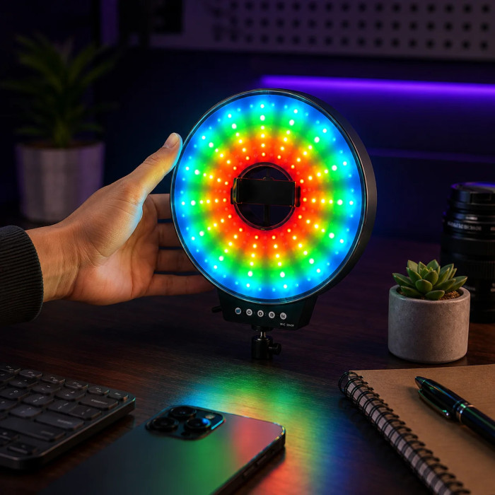 Світлодіодна LED лампа MJ-451 кільцева RGB 45 см зі і пультом керування • Кільцева лампа MJ-451 для фото, відео, селфі, стримів, TikTok і зйомки контенту