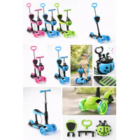 Триколісний дитячий самокат 5 в 1 з батьківською ручкою та сидінням Scooter ∙ Самокат трансформер 18-1 для дітей зі світними колесами, регульованою висотою керма та кошиком
