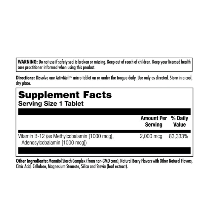 KAL B-12 Methylcobalamin and Adenosylcobalamin 2000mcg - 60 tabs