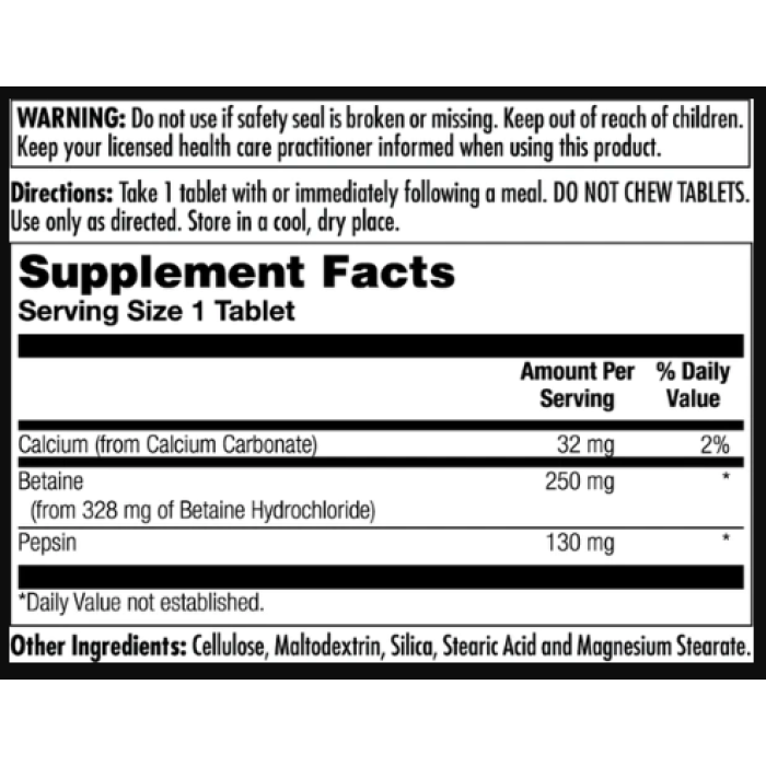 KAL Betaine HCl Plus 250mg - 100 tabs