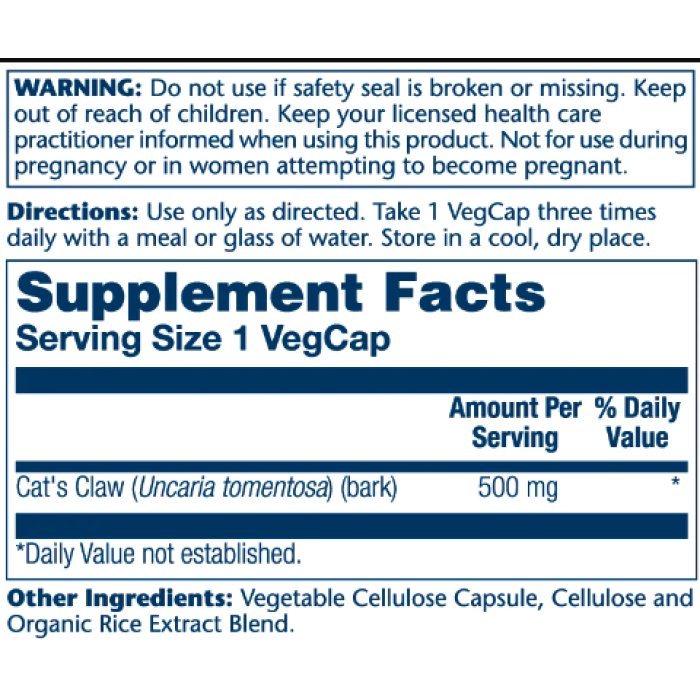 Solaray Cat's Claw 500mg - 100 vcaps