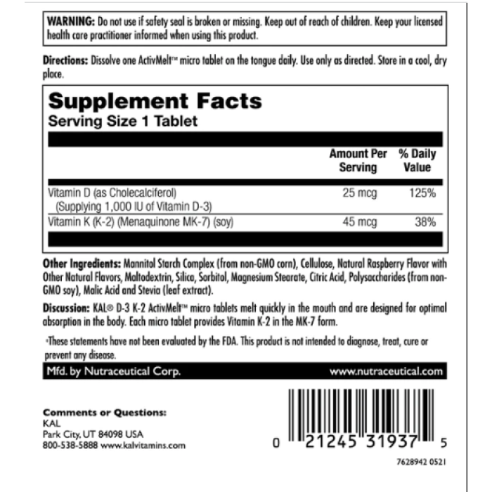 KAL D3 & K2 25mcg - 60 tabs Raspberry