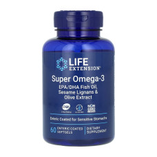 Life Extension Super Omega-3 EPA/DHA Fish Oil Sesame Lignans & Olive Extract Enteric Coated - 60 softgels