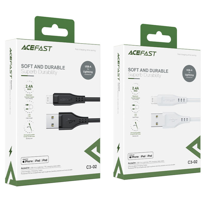 Кабель ACEFAST C3-02 USB to iP 2.4A, 1.2m, TPE, TPE connectors, Black