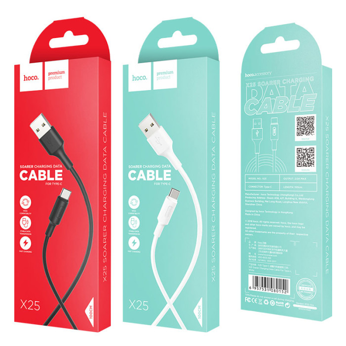 Кабель HOCO X25 USB to Type-C 2A, 1m, PVC, PVC connectors, White