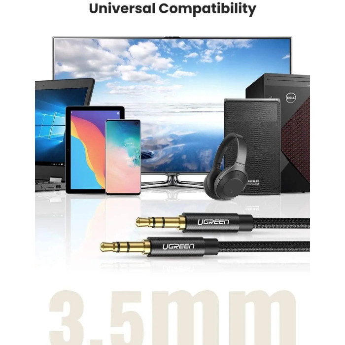 Аудіокабель UGREEN AV112 3.5mm male to 3.5mm male, Cable Gold Plated Metal Case with Braid, 1m, Black(UGR-50361)