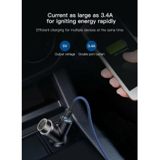Автомобільний зарядний пристрій Baseus Y type dual USB+cigarette lighter extended car charger 3.1 A Black