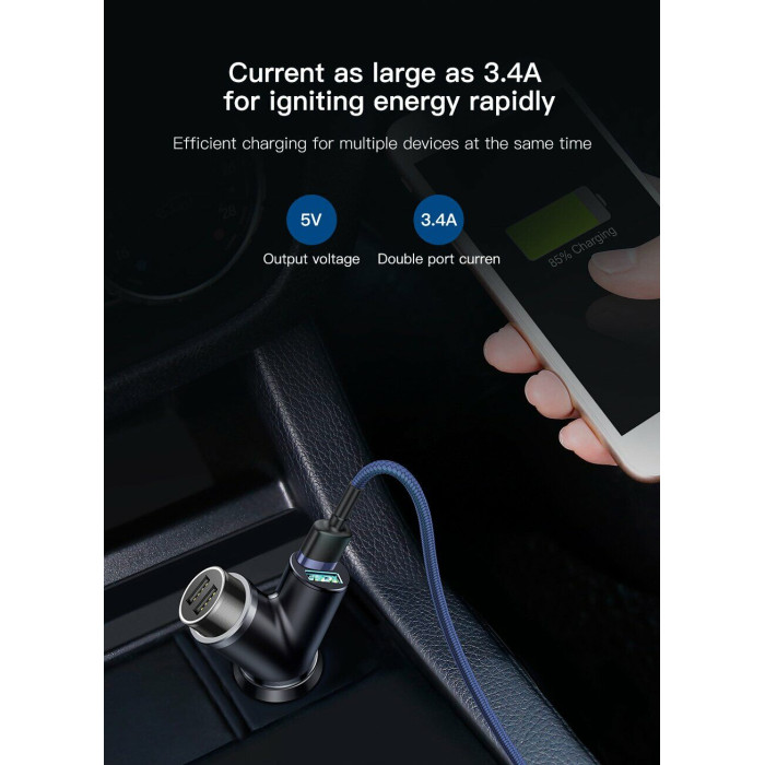 Автомобільний зарядний пристрій Baseus Y type dual USB+cigarette lighter extended car charger 3.1 A Black