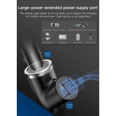 Автомобільний зарядний пристрій Baseus Y type dual USB+cigarette lighter extended car charger 3.1 A Black